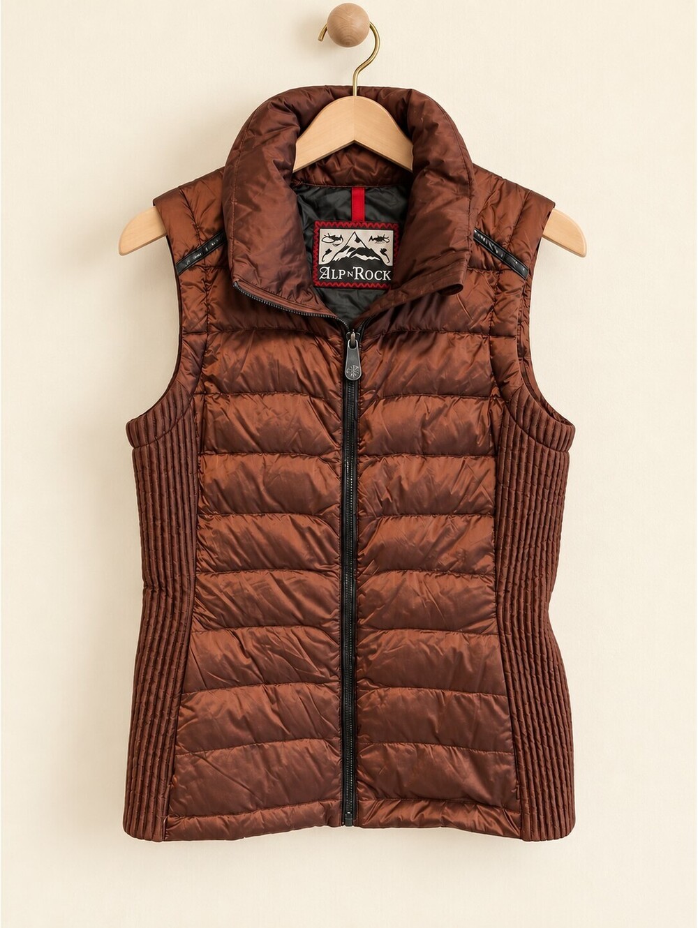 Alp N Rock Brown Quilted Puffer Vest Black Trim Women’s Designer Ski Vest -Small